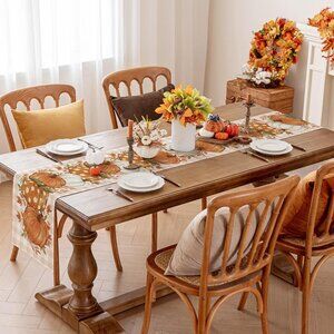 Pumpkin Leaves Fall Table Runner, (13x60 Inch) Thanksgiving Harvest Farmhouse